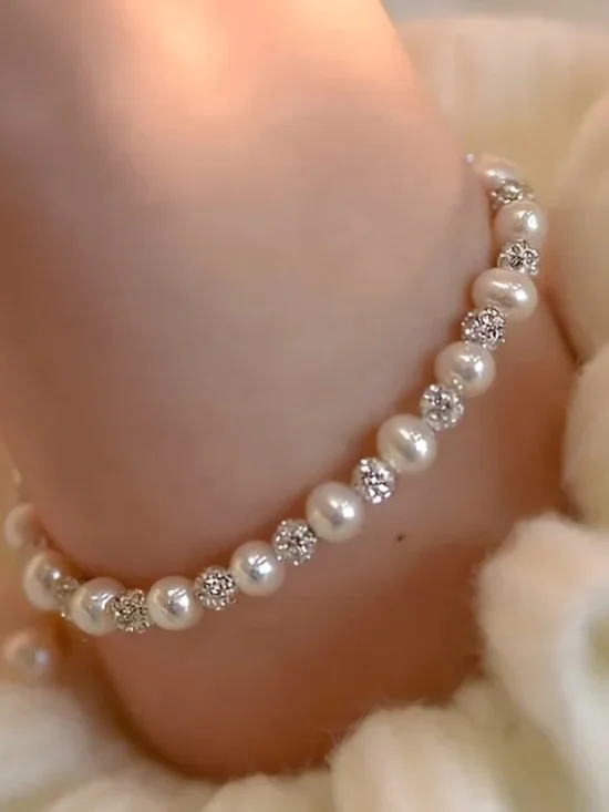 Freshwater Pearl and Crystal Ball Bracelet - White - Picture 2 of 3